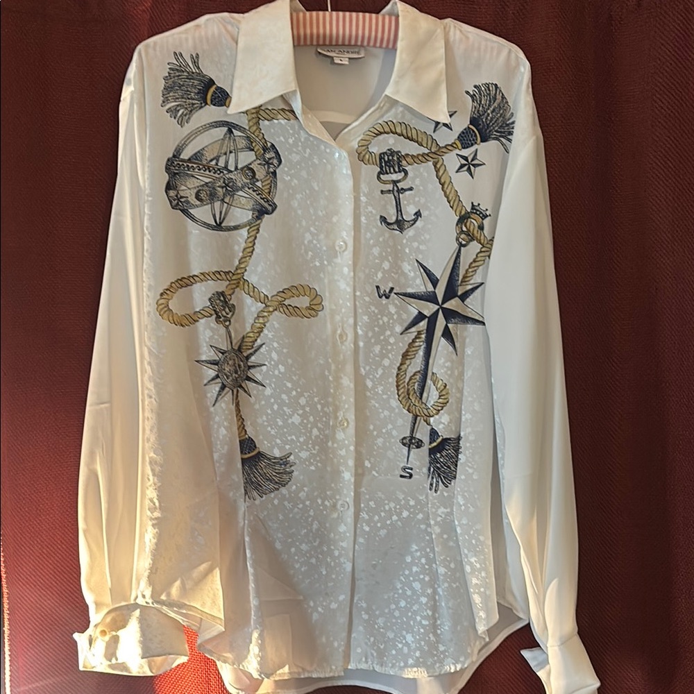 Women’s vintage San Andre Nautical Print White Button-Up pleated Shirt
